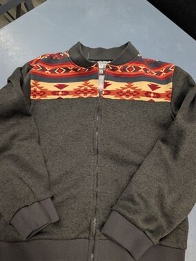 Men's Charcoal Zip-Up Sweater with Red & Yellow Aztec Yoke
